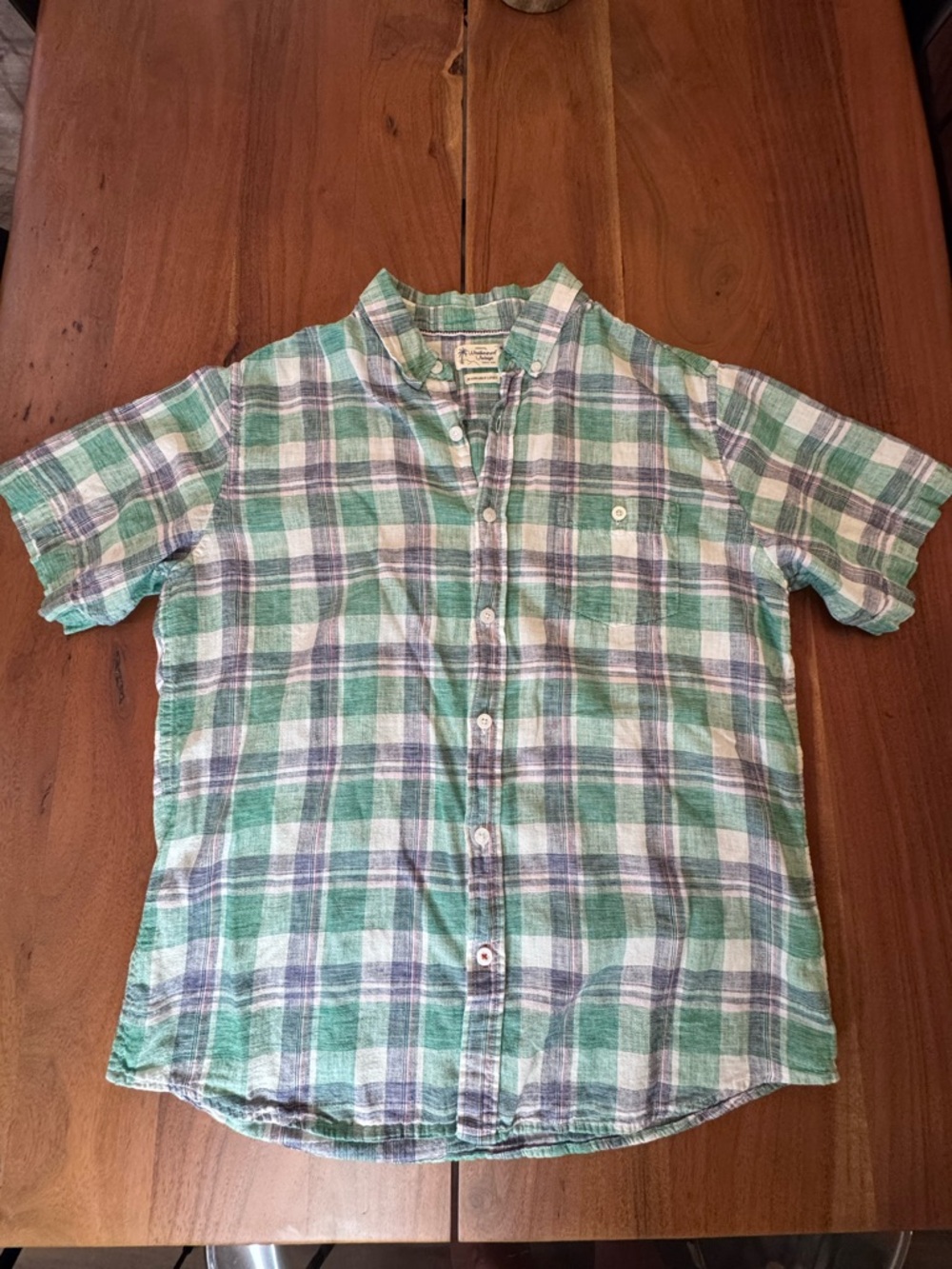 Weatherproof Vintage Washable Linen Green Plaid Short Sleeve Shirt Casual Summer